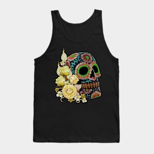 Yellow Floral Black Sugar Skull Day Of The Dead Tank Top